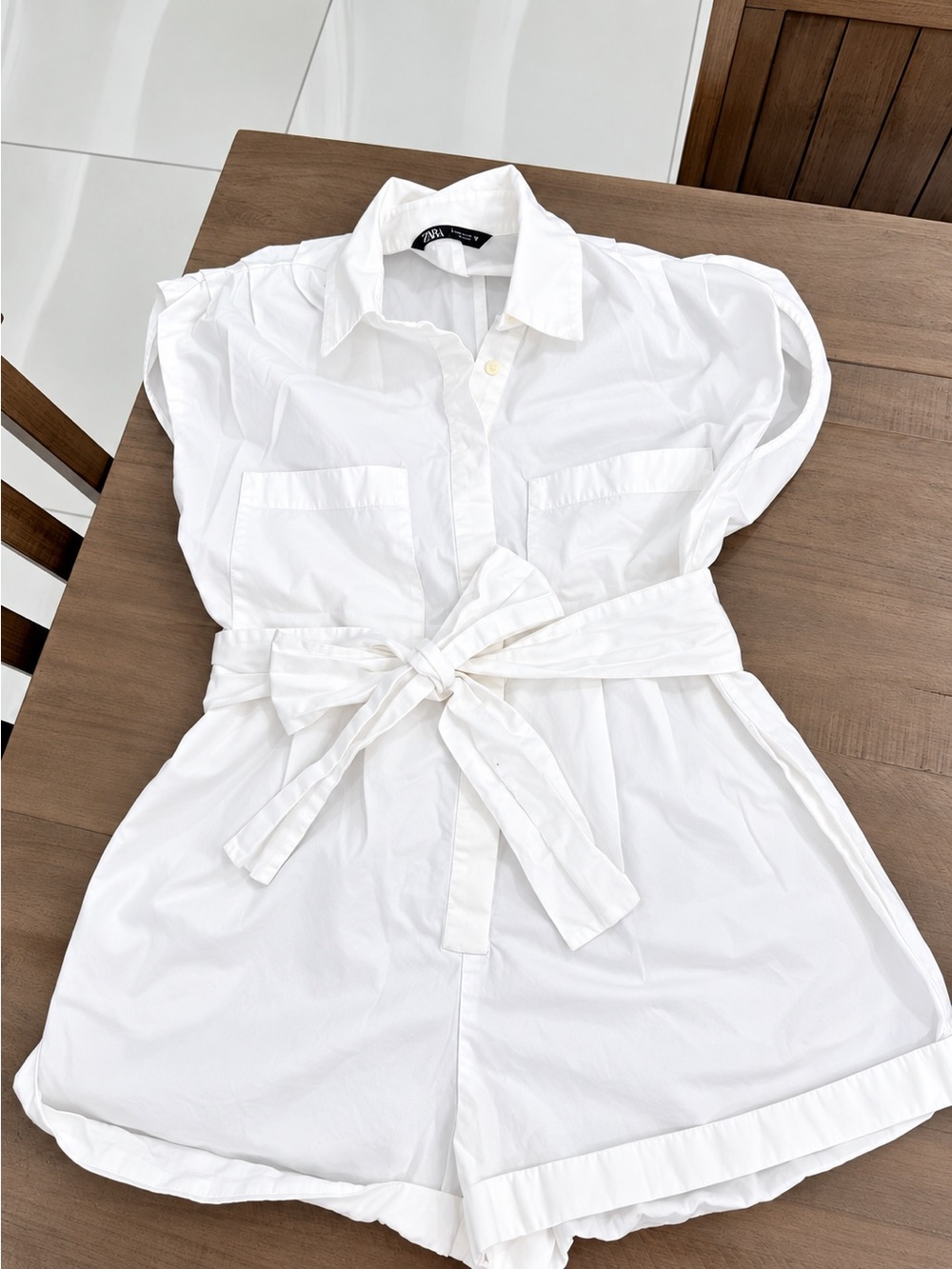 Zara White Belted Button Front Romper Shorts Size XS